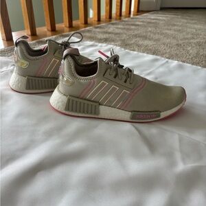 adidas NMD R1 Neutral Beige Sneakers with Pink and Iridescent Accents